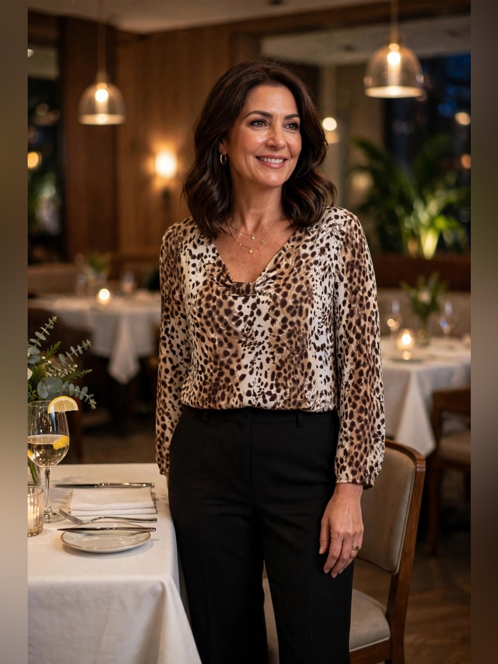 George Brown and Cream Animal Print Satin V-Neck Blouse